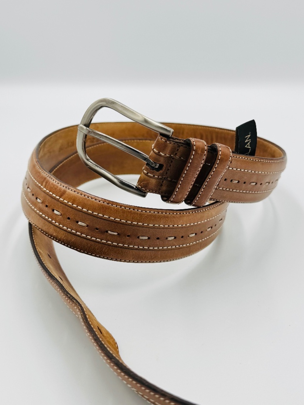 Mezlan Leather Belt Men's Size 42 Tan Silver-tone Buckle Stitching Made in Spain